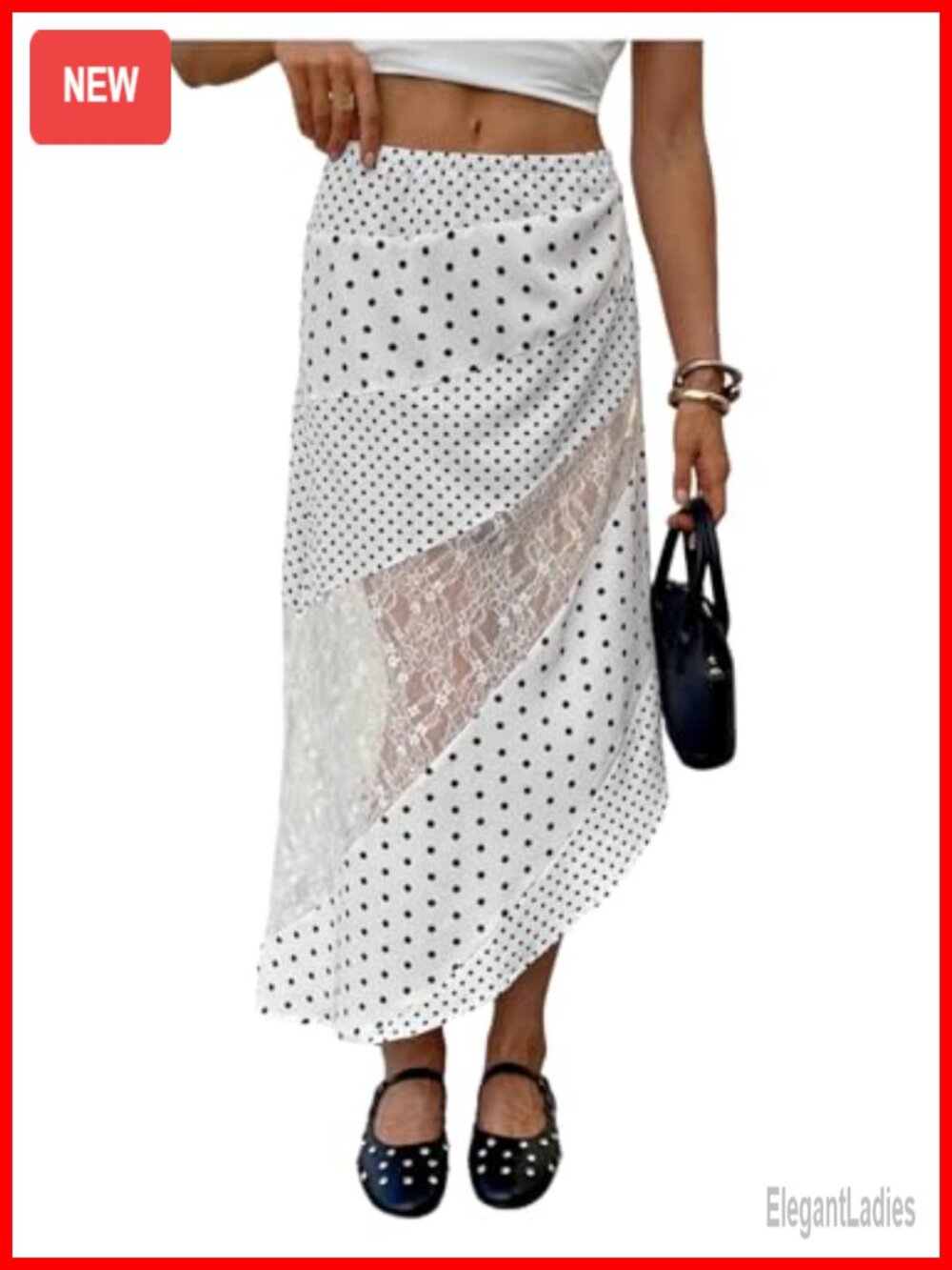 Lace Trim Polka Dot Asymmetrical Midi Skirt